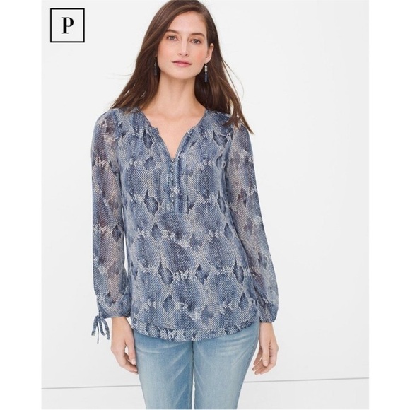 WHITE HOUSE BLACK MARKET Blue Semi-Sheer Snake Print Blouse - Picture 5 of 13